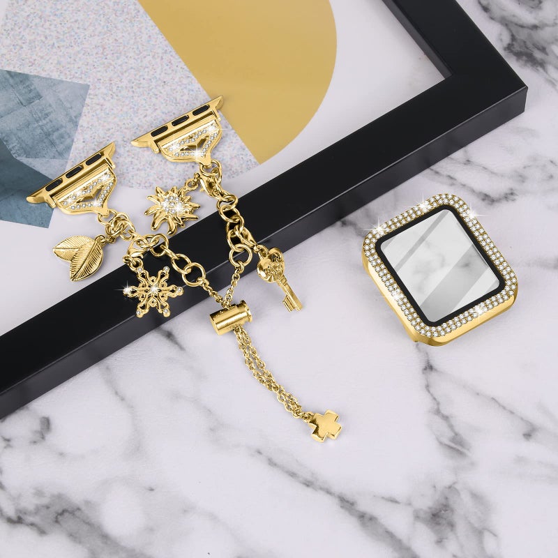 JOYOZY Band Compatible with Apple Watch 38mm 40mm 41mm 42mm 44mm 45mm 46mm, Bling Strap with Glitter Case Built-in Screen Protector, Interchangeable Charms Dressy Bracelet for Women (Gold 40mm) - Image 4