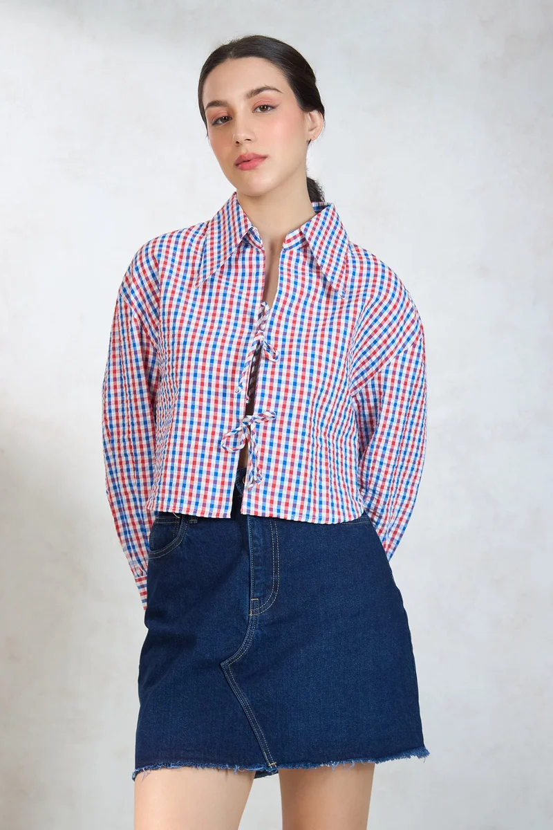 فيرجيو Cotton Checked Brunchwear Shirts With Front Tie Up for Women