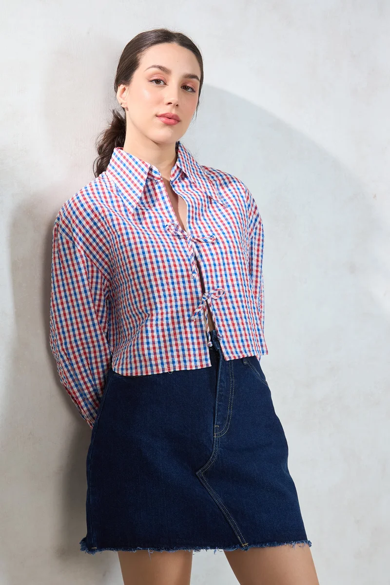 فيرجيو Cotton Checked Brunchwear Shirts With Front Tie Up for Women