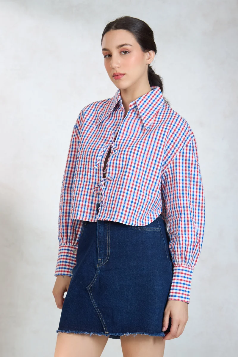 فيرجيو Cotton Checked Brunchwear Shirts With Front Tie Up for Women
