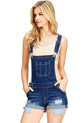 WAX JEAN Wax Women's Juniors Cute Denim Overall Shorts (XXX-Large, Dark Denim)' - Image 1