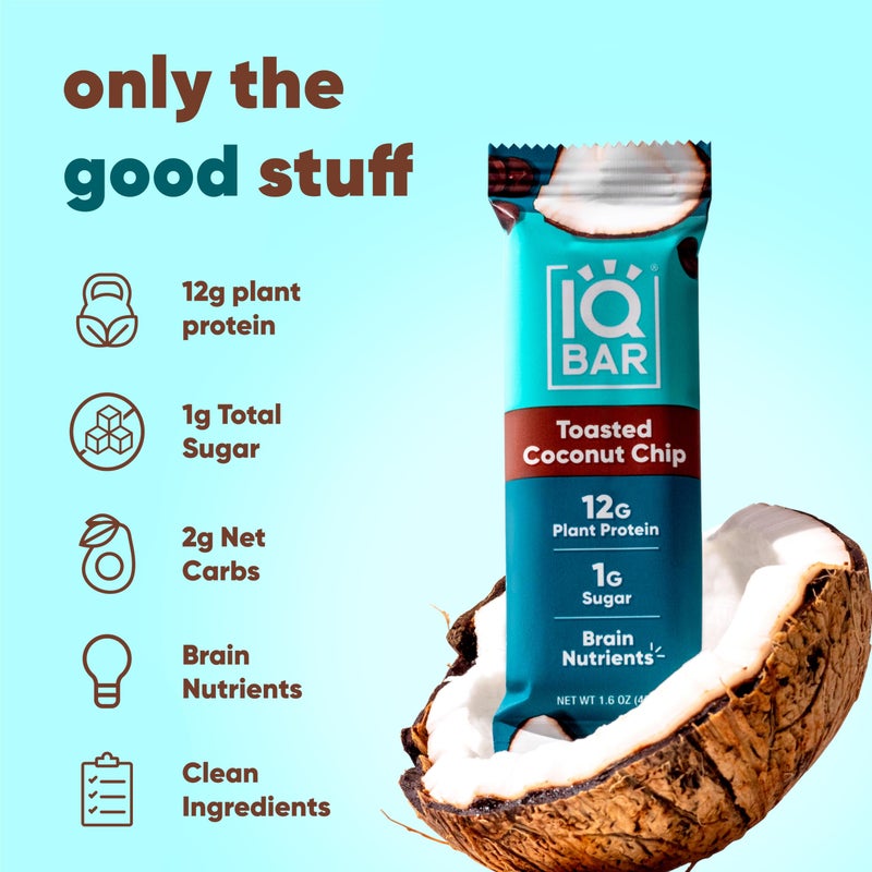 IQBAR Brain and Body Plant Protein Bars - Toasted Coconut Chip - 12-Count Low Carb - Gluten Free, High Fiber, Vegan Snacks - Low Sugar Meal Replacement - Image 4