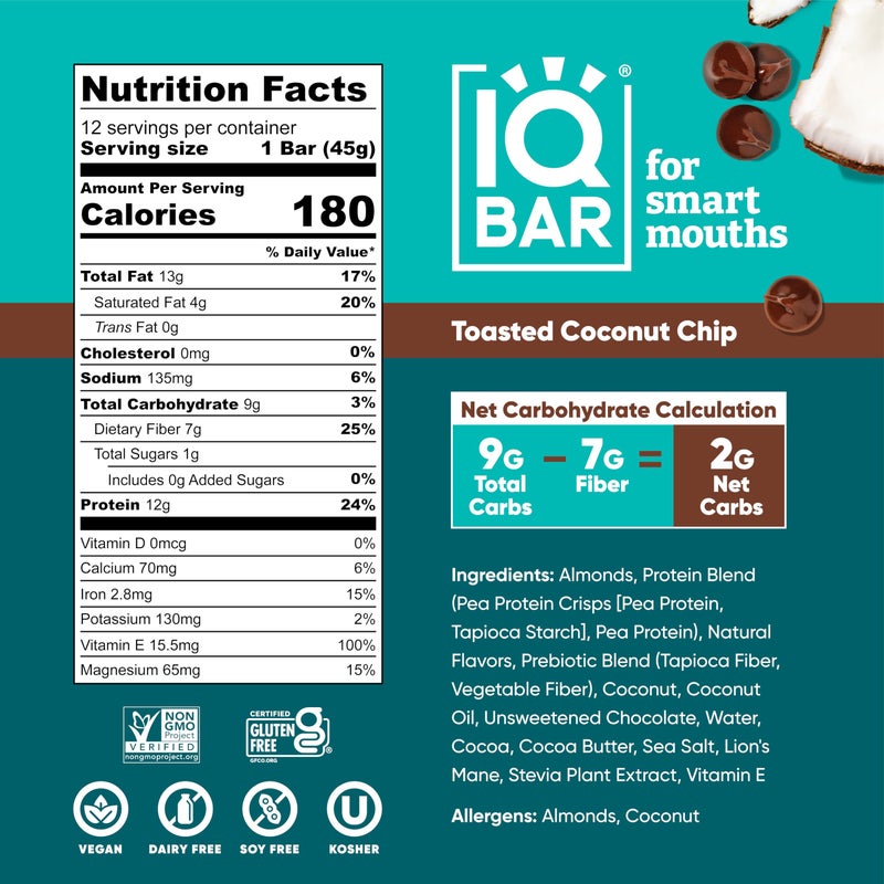 IQBAR Brain and Body Plant Protein Bars - Toasted Coconut Chip - 12-Count Low Carb - Gluten Free, High Fiber, Vegan Snacks - Low Sugar Meal Replacement - Image 3