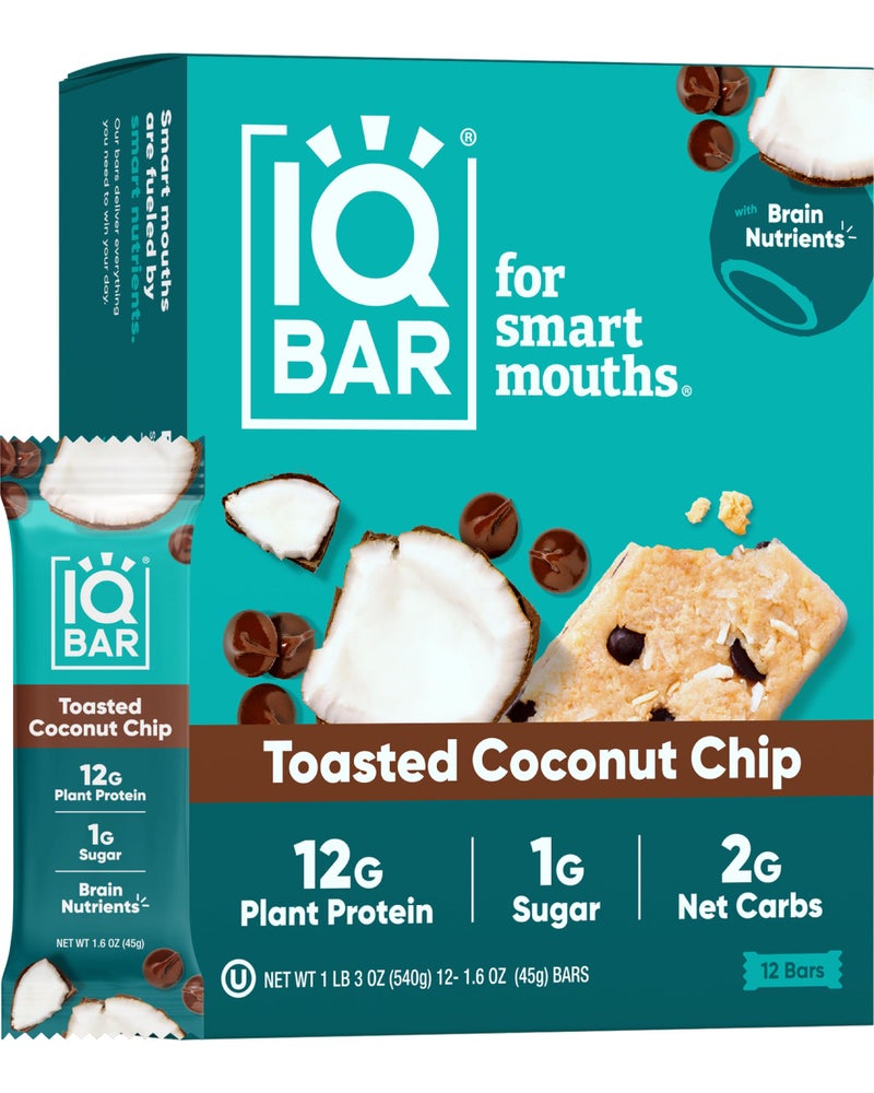 IQBAR Brain and Body Plant Protein Bars - Toasted Coconut Chip - 12-Count Low Carb - Gluten Free, High Fiber, Vegan Snacks - Low Sugar Meal Replacement - Image 1