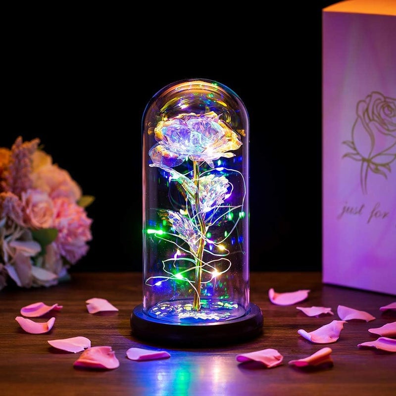 SANGOZ Rose Flower Gift Rainbow Forever Rose in Glass Dome Rose Light Up Flower Personalized Gifts for Mom Sisters Friend Women Valentines Day Birthday Wedding Anniversary Rose - Image 1