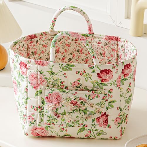 vctops 2 Pack Boho Cotton Quilted Storage Baskets for Organizing Basket Organizer Gift Basket with Handles Storage Bins for Toys Books Towels and Clothes Collapsible FabricFloral A - Image 3