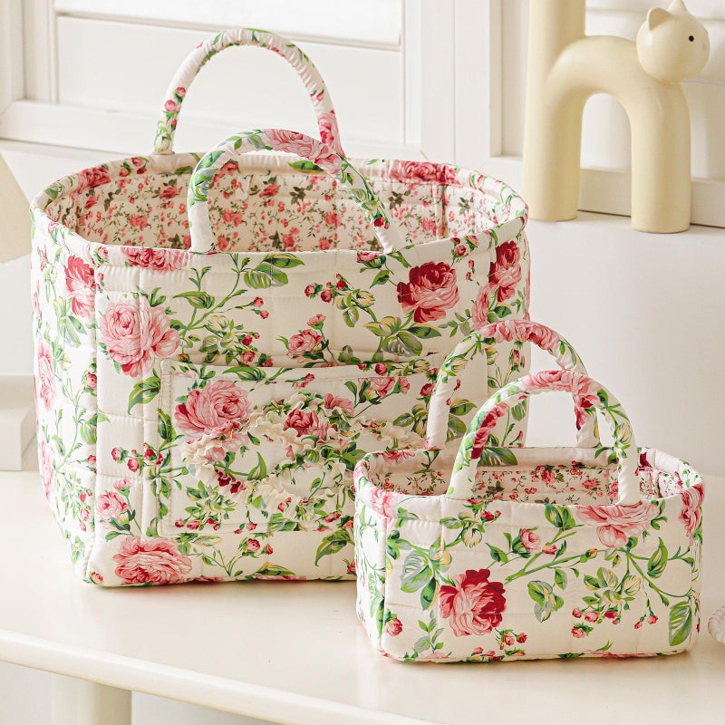 vctops 2 Pack Boho Cotton Quilted Storage Baskets for Organizing Basket Organizer Gift Basket with Handles Storage Bins for Toys Books Towels and Clothes Collapsible FabricFloral A - Image 2