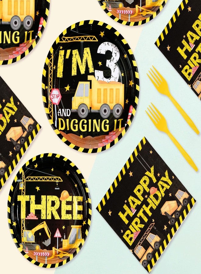 Grencian 96 Pcs Construction 3rd Birthday Party Supplies 350 GSM Construction Plates Napkins Forks Tableware Set Excavator 3rd Birthday Decorations for Boys Dump Truck Theme 3 Year Old birthday Decor Serves 24 - Image 5