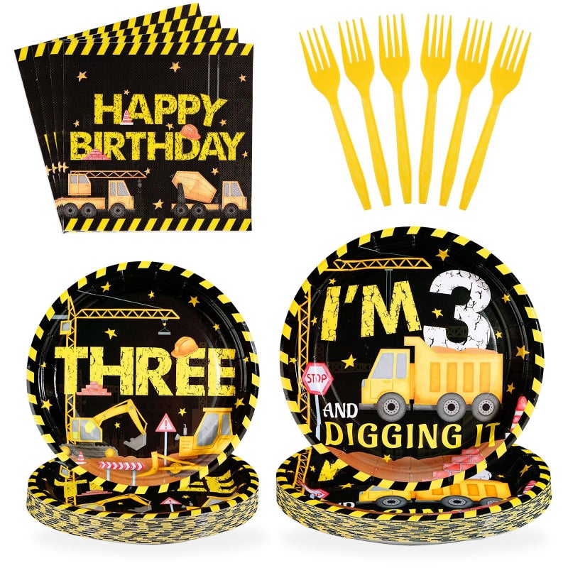 Grencian 96 Pcs Construction 3rd Birthday Party Supplies 350 GSM Construction Plates Napkins Forks Tableware Set Excavator 3rd Birthday Decorations for Boys Dump Truck Theme 3 Year Old birthday Decor Serves 24 - Image 1