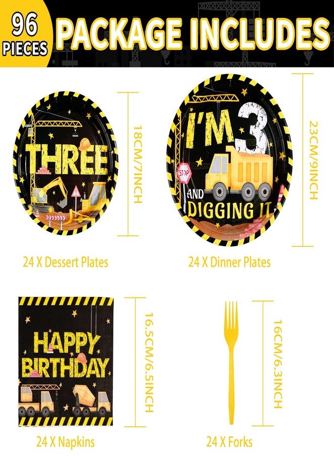 Grencian 96 Pcs Construction 3rd Birthday Party Supplies 350 GSM Construction Plates Napkins Forks Tableware Set Excavator 3rd Birthday Decorations for Boys Dump Truck Theme 3 Year Old birthday Decor Serves 24 - Image 2