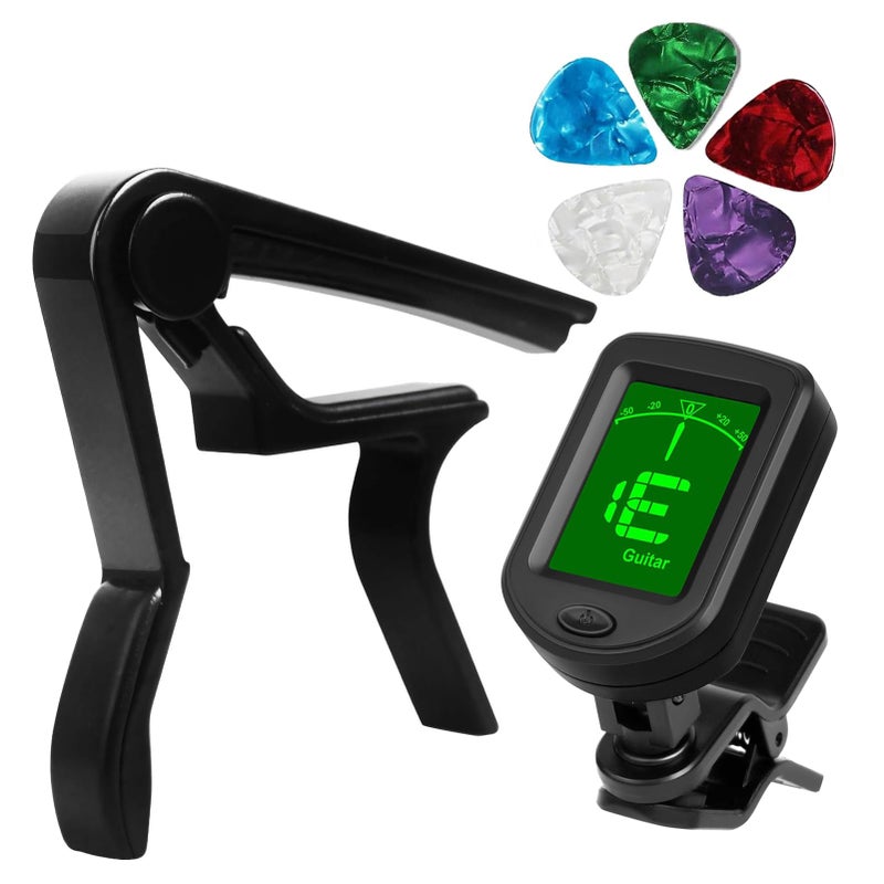 JINWEE Clip-On Guitar Tuner, Buzzing-Free Guitar Capo,Quick Release capo for Acoustic Guitar, Bass, Ukulele, Violin with 5Pcs Pick. - Image 1
