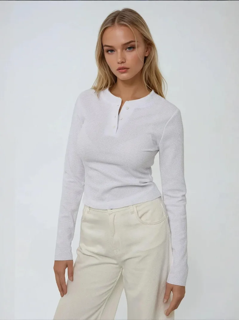 HICCUP Crew Neck Long Sleeve Wffle T-shirt