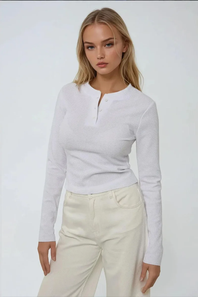 Hiccup Crew Neck Long Sleeve Wffle T-shirt