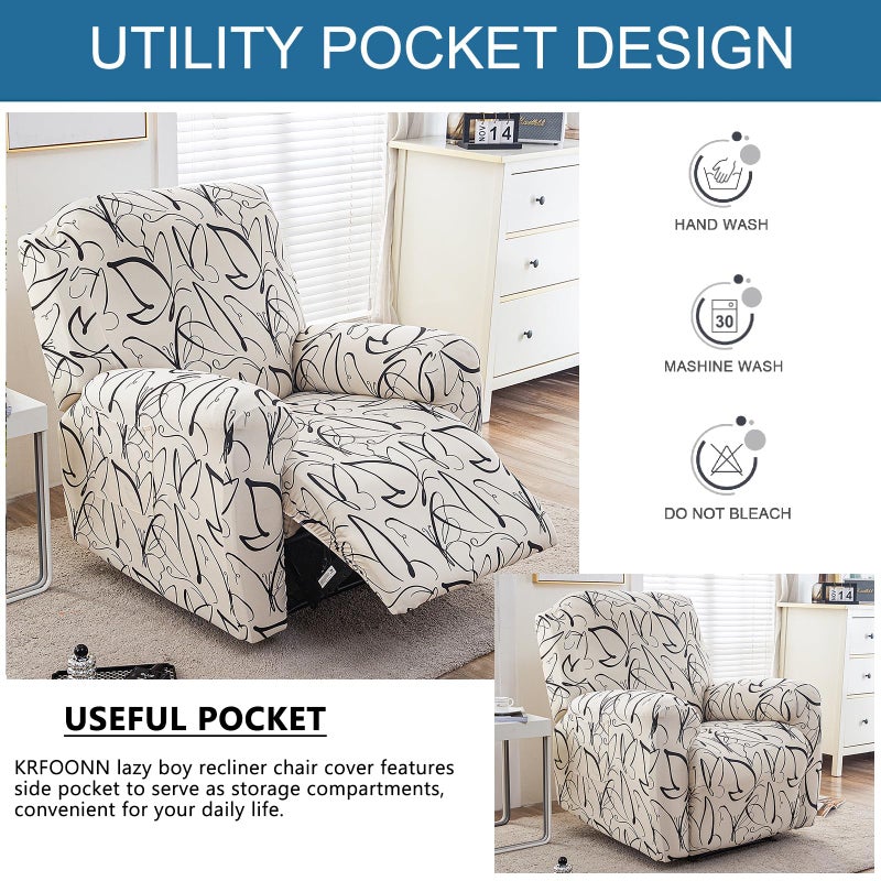 KRFOONN Stretch Recliner Slipcovers Printed Recliner Chair Covers 4-Piece Lazy Boy Chair Covers Non Slip Reclining Furniture Protector Sofa Couch Cover with Storage Pocket for Living Room, ColorA56 - Image 5
