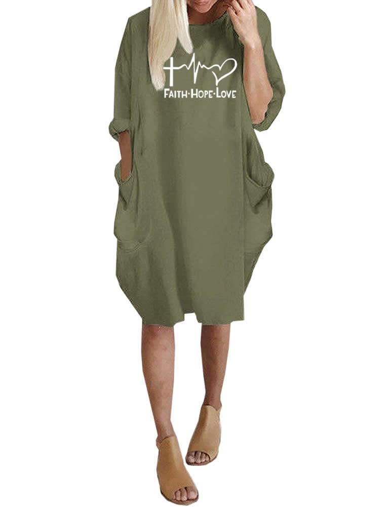 Rfecccy Faith Home Love Letters Printed Oversize Short Midi Dresses with Pockets for Women - Image 2