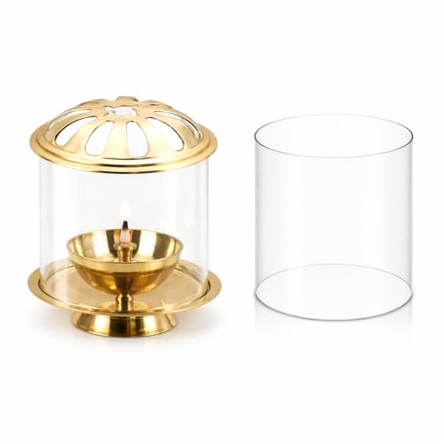 Klassic Combo 4.5 Inch Pure Brass Swastik Diya with 1 Extra Borosilicate Glass Shade | Ideal for Mandir, Pooja Room, Diwali & Daily Aarti | Wind-Protected Oil Lamp with Cylindrical Glass Chimney - Image 1