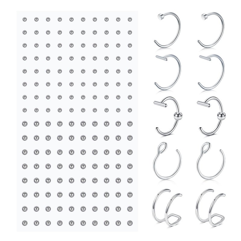 QWALIT Fake Lip Ring Fake Lip Piercing Fake Piercings Fake Nose Ring Hoop Fake Face Piercing Fake Lip Stud Fake Nose Stud Stick on Fake Eyebrow Piercing Fake Eyebrow Ring Fake Piercing Balls Silver - Image 1