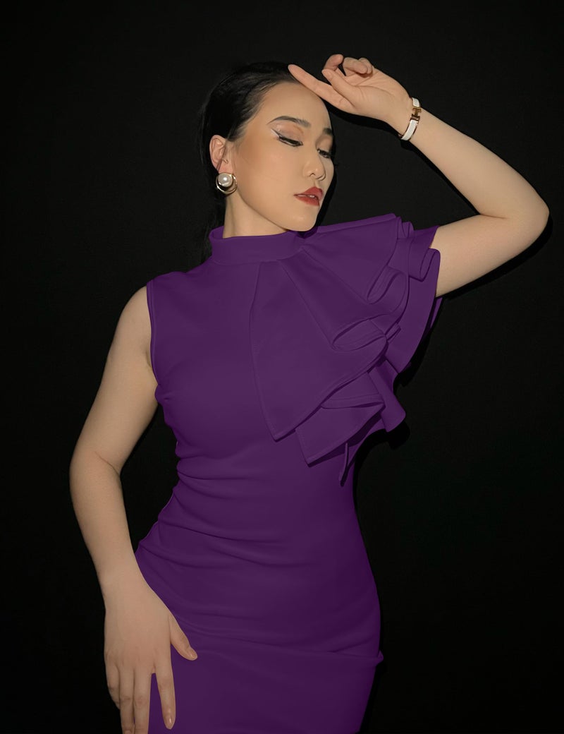 Memoriesea Women's Ruffle Sleeveless Bodycon Knee Length Party Pencil Midi Dress Purple - Image 3