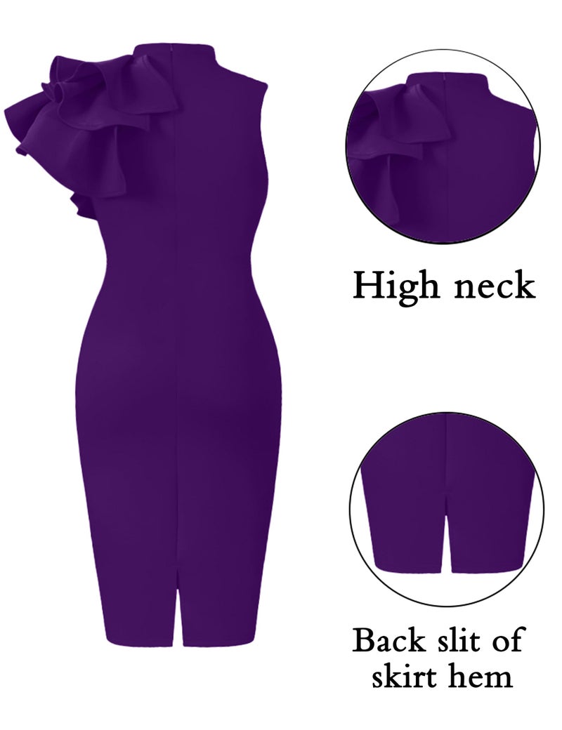 Memoriesea Women's Ruffle Sleeveless Bodycon Knee Length Party Pencil Midi Dress Purple - Image 5