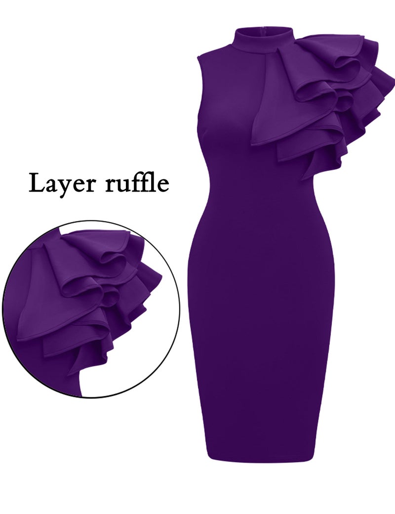Memoriesea Women's Ruffle Sleeveless Bodycon Knee Length Party Pencil Midi Dress Purple - Image 4