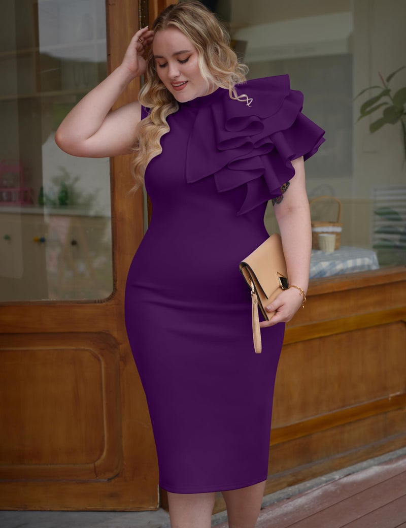 Memoriesea Women's Ruffle Sleeveless Bodycon Knee Length Party Pencil Midi Dress Purple - Image 2