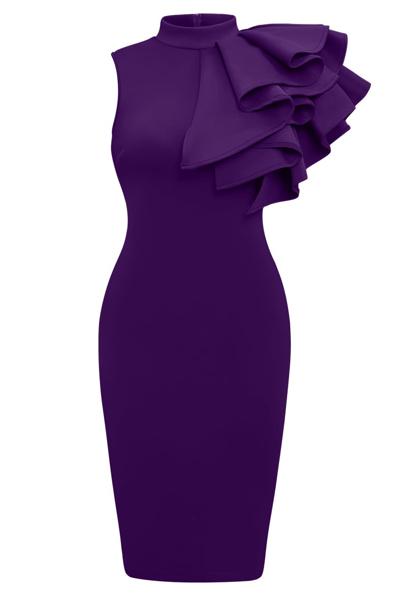 Memoriesea Women's Ruffle Sleeveless Bodycon Knee Length Party Pencil Midi Dress Purple - Image 1