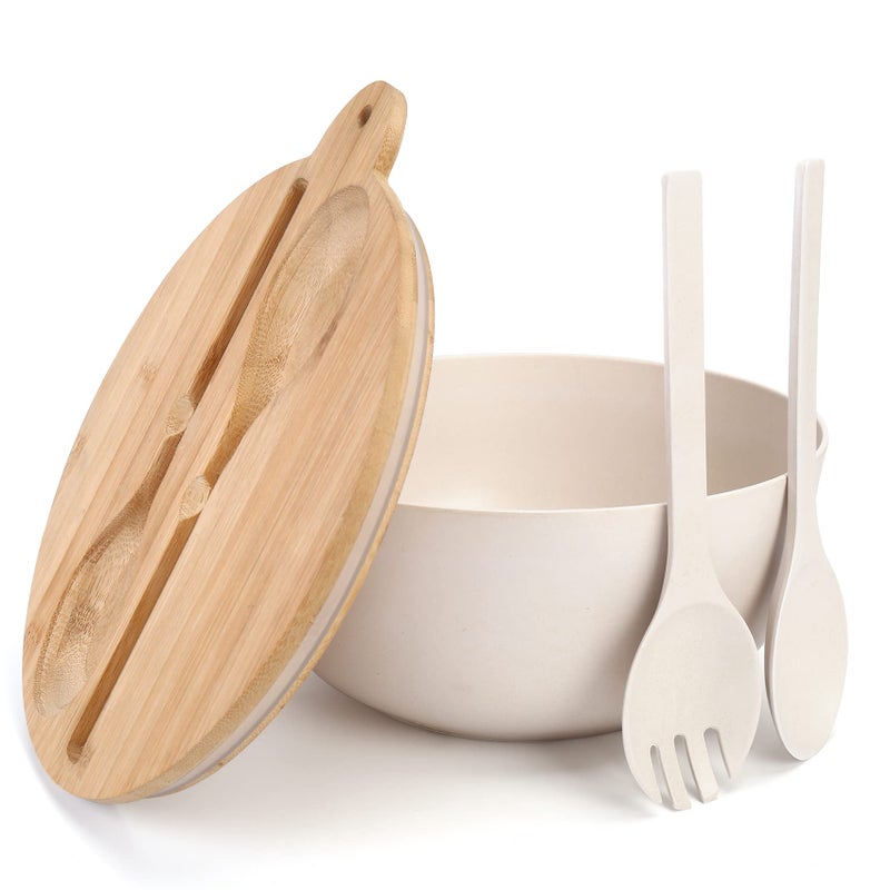 ShineMe ShineMe Large Salad Bowl with Lid 98inches White Salad Serving Bowl Set with Utensils Bamboo Wooden Salad Bowl with Multifunctional Lid with Handle and Silicone Seal Ring 
