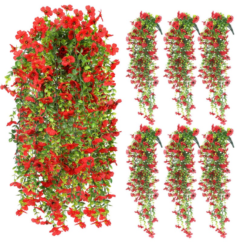 FineCheer 6 Pcs Artificial Faux Hanging Flowers Plants Outside Fake Silk Mums Violets with Eucalyptus Realistic UV Resistant Trailing Vines Porch Patio Yard Indoor Wedding Party Favors (Red) - Image 1