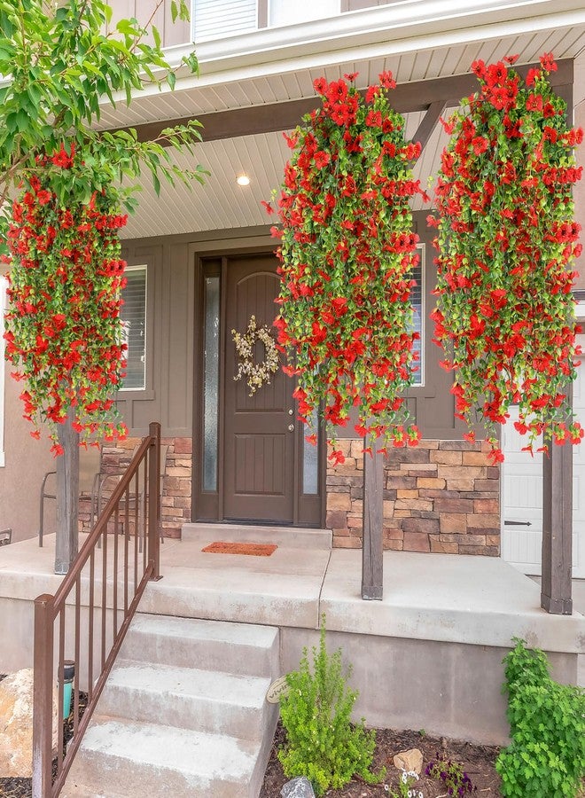 FineCheer 6 Pcs Artificial Faux Hanging Flowers Plants Outside Fake Silk Mums Violets with Eucalyptus Realistic UV Resistant Trailing Vines Porch Patio Yard Indoor Wedding Party Favors (Red) - Image 5