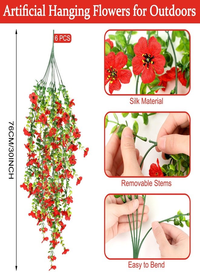 FineCheer 6 Pcs Artificial Faux Hanging Flowers Plants Outside Fake Silk Mums Violets with Eucalyptus Realistic UV Resistant Trailing Vines Porch Patio Yard Indoor Wedding Party Favors (Red) - Image 2