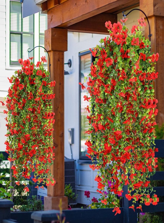 FineCheer 6 Pcs Artificial Faux Hanging Flowers Plants Outside Fake Silk Mums Violets with Eucalyptus Realistic UV Resistant Trailing Vines Porch Patio Yard Indoor Wedding Party Favors (Red) - Image 3