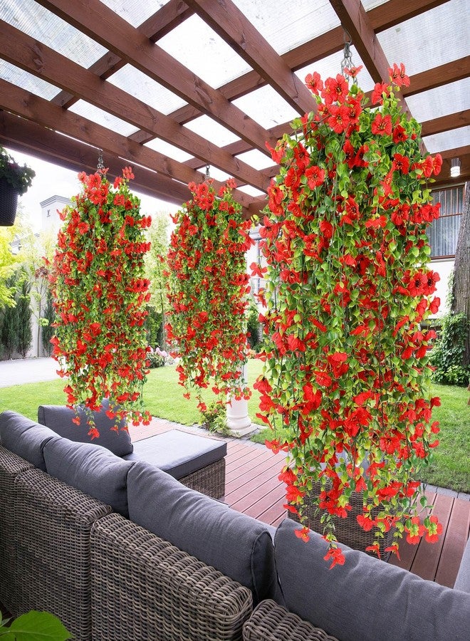 FineCheer 6 Pcs Artificial Faux Hanging Flowers Plants Outside Fake Silk Mums Violets with Eucalyptus Realistic UV Resistant Trailing Vines Porch Patio Yard Indoor Wedding Party Favors (Red) - Image 4