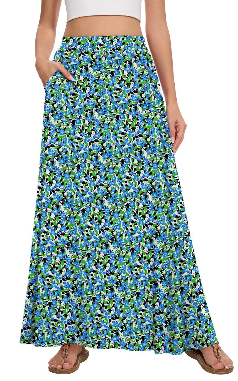 Leafsay Womens Maxi A-line Long Summer Skirt Elastic High Waist Flowy Skirt with Pockets(Blue-Bloom Leaf,L) - Image 1