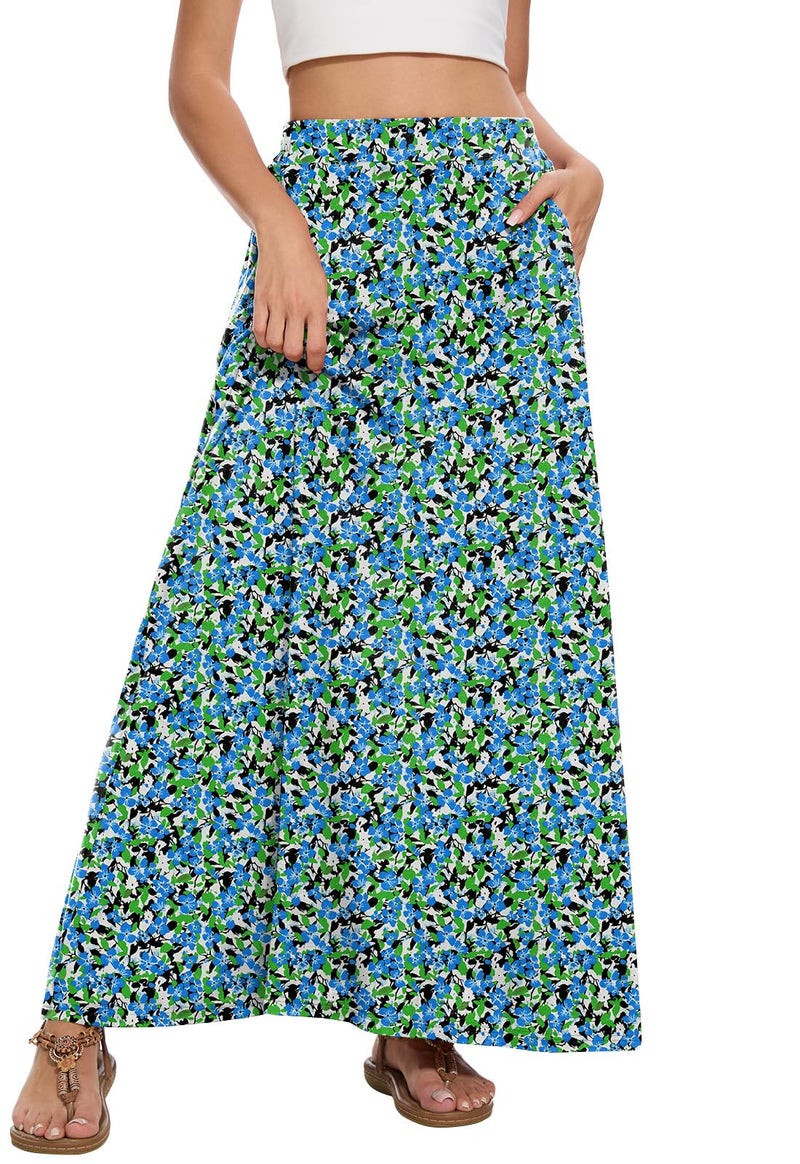 Leafsay Womens Maxi A-line Long Summer Skirt Elastic High Waist Flowy Skirt with Pockets(Blue-Bloom Leaf,L) - Image 2