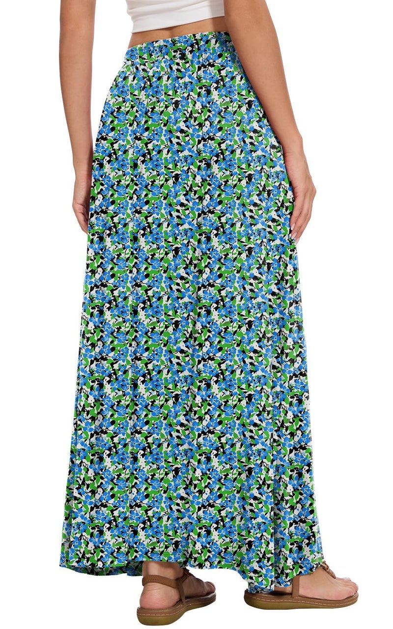 Leafsay Womens Maxi A-line Long Summer Skirt Elastic High Waist Flowy Skirt with Pockets(Blue-Bloom Leaf,L) - Image 3