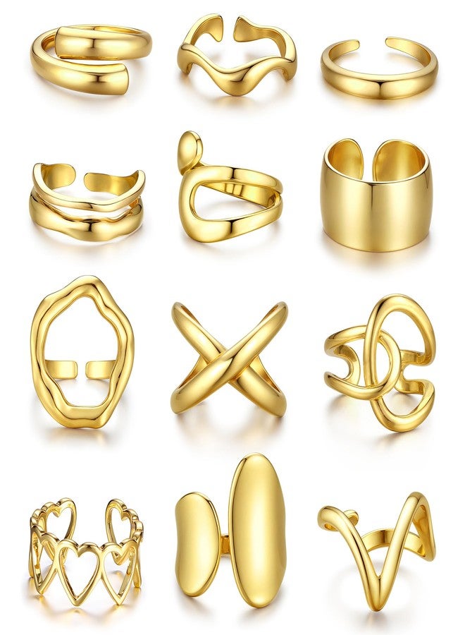 Sanfenly 12 PCS Chunky Gold Rings for Women Non Tarnish Gold Plated Adjustable Statement Ring Knuckle Thumb Stackable Open Rings Set Fashion Jewelry Gifts - Image 1