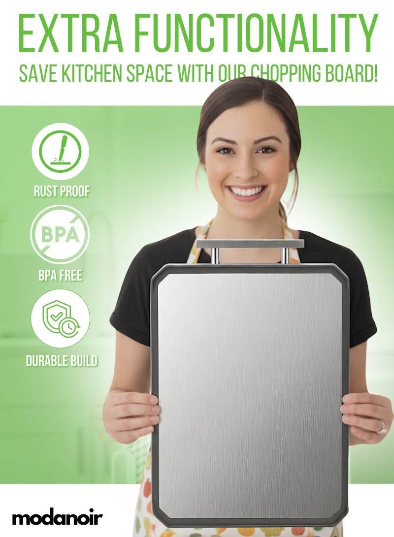 MODANOIR Large Double-Sided Cutting Board with Handle – Premium 304 Stainless Steel Cutting Board & Eco-Friendly Wheat Straw Chopping Board (41.5 x 28cm) – Cutting Board Steel for Meat & Vegetables - Image 3