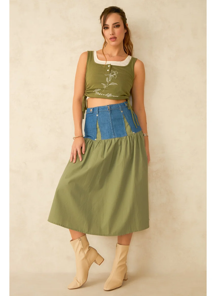 فيرجيو Virgio Rain Cotton Denim Fusion Midi Skirt