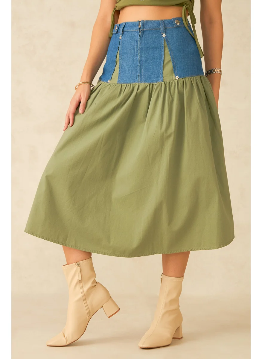 فيرجيو Virgio Rain Cotton Denim Fusion Midi Skirt