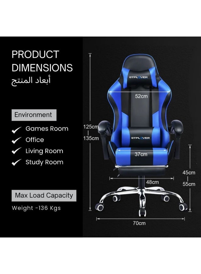 GTPLAYER #1USA Ergonomic Gaming Chair with USB Massage Cushion, Footrest & Armrests – PU Leather Computer Video Game Desk Chair with Adjustable Lumbar Support & Headrest for Gaming & Office (Blue) blue - Image 4