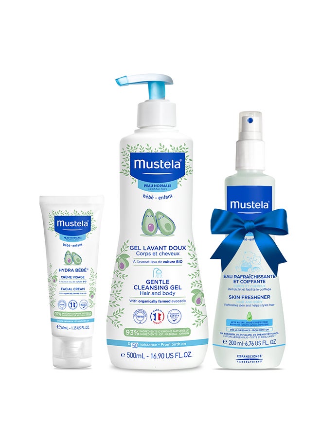 Mustela Pack Of 3 Baby Cleansing And Hydration Essentials Cleansing Gel, Face Cream, Skin Freshener - Image 1