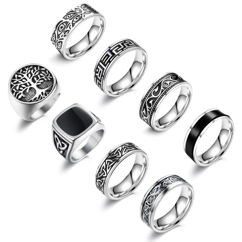 EIELO 8Pcs Stainless Steel Vintage Rings for Men Greek Signet Thumb Silvery Retro Carving Celtic Band Rings Vintage Biker Band Rings Set Edge Mens Rings Jewelry 8 - Image 1