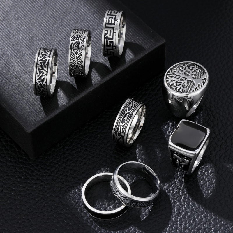 EIELO 8Pcs Stainless Steel Vintage Rings for Men Greek Signet Thumb Silvery Retro Carving Celtic Band Rings Vintage Biker Band Rings Set Edge Mens Rings Jewelry 8 - Image 2