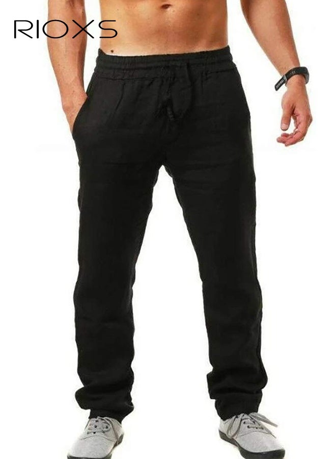 RIOXS ​​Men's Casual Sweatpants, Loose Fit Lightweight Trousers, Elastic Waist with Drawstring, Breathable Streetwear Joggers for Summer, Relaxed Fit Plus Size Joggers, Weekend Lounging Black Sweatpan