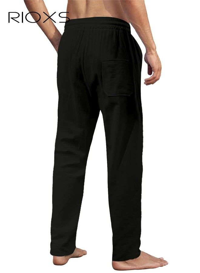 ريوكس بنطلون رياضي كاجوال للرجال، بنطلون رياضي خفيف الوزن فضفاض، خصر مطاطي برباط، بنطلون رياضي للرجال قابل للتنفس للصيف، بنطلون رياضي مريح بمقاس كبير، بنطلون رياضي أسود للرجال للاسترخاء في عطلة نهاية الأسبوع، بنطلون رياضي أسود للرجال، بنطلون رياضي سريع الجفاف للتمرين - Image 3