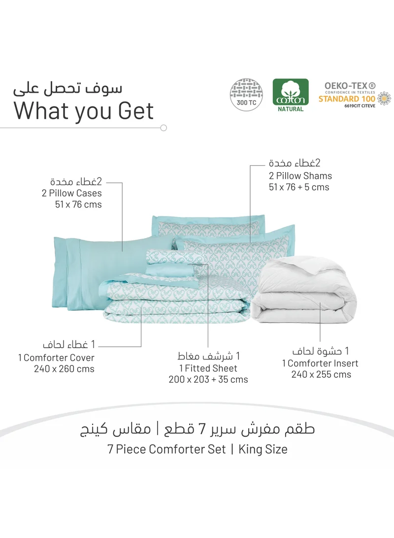 Donetella 7-Piece Cotton Comforter Set With Removable Filler - King Size 240 x 260 Cms -Teal