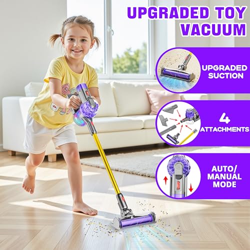 BLAXTEM 4in1 Kids Toy Vacuum That Works with Suction Electric Toddler Vacuum Toy Cleaner for Children Ages 3 4 5 6 Boys Girls Toddlers Toys Cleaning Set for Pretend Play PurpleYellow - Image 5