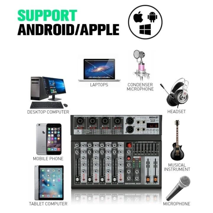K-H 4 Channel Professional Audio DJ Mixer Built-In EQ/16DSP/Recording Mode Reverb Bluetooth/PC/USB/MP3 Playback Concert Karaoke Home Singing Live Audio Equipment 48V Phantom Power For Each,Black - Image 5