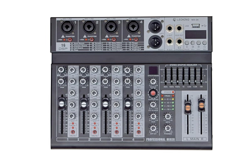 K-H 4 Channel Professional Audio DJ Mixer Built-In EQ/16DSP/Recording Mode Reverb Bluetooth/PC/USB/MP3 Playback Concert Karaoke Home Singing Live Audio Equipment 48V Phantom Power For Each,Black - Image 1