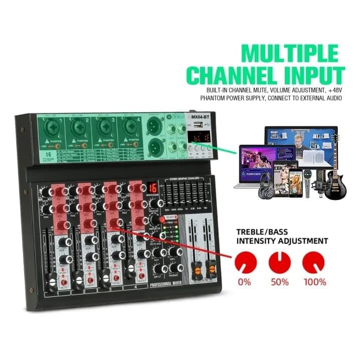 K-H 4 Channel Professional Audio DJ Mixer Built-In EQ/16DSP/Recording Mode Reverb Bluetooth/PC/USB/MP3 Playback Concert Karaoke Home Singing Live Audio Equipment 48V Phantom Power For Each,Black - Image 3